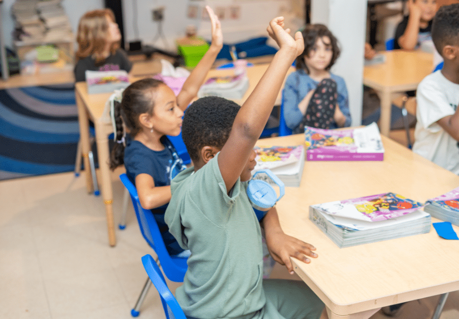 A group of students raising their hands